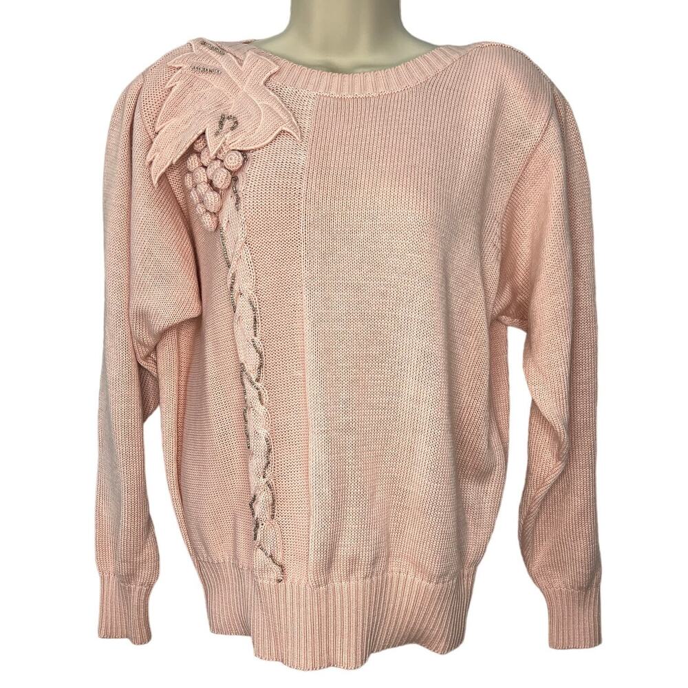 Vintage Toni Sweater Pink Leaf Beaded Embellishment Petite Size PL Long Sleeve